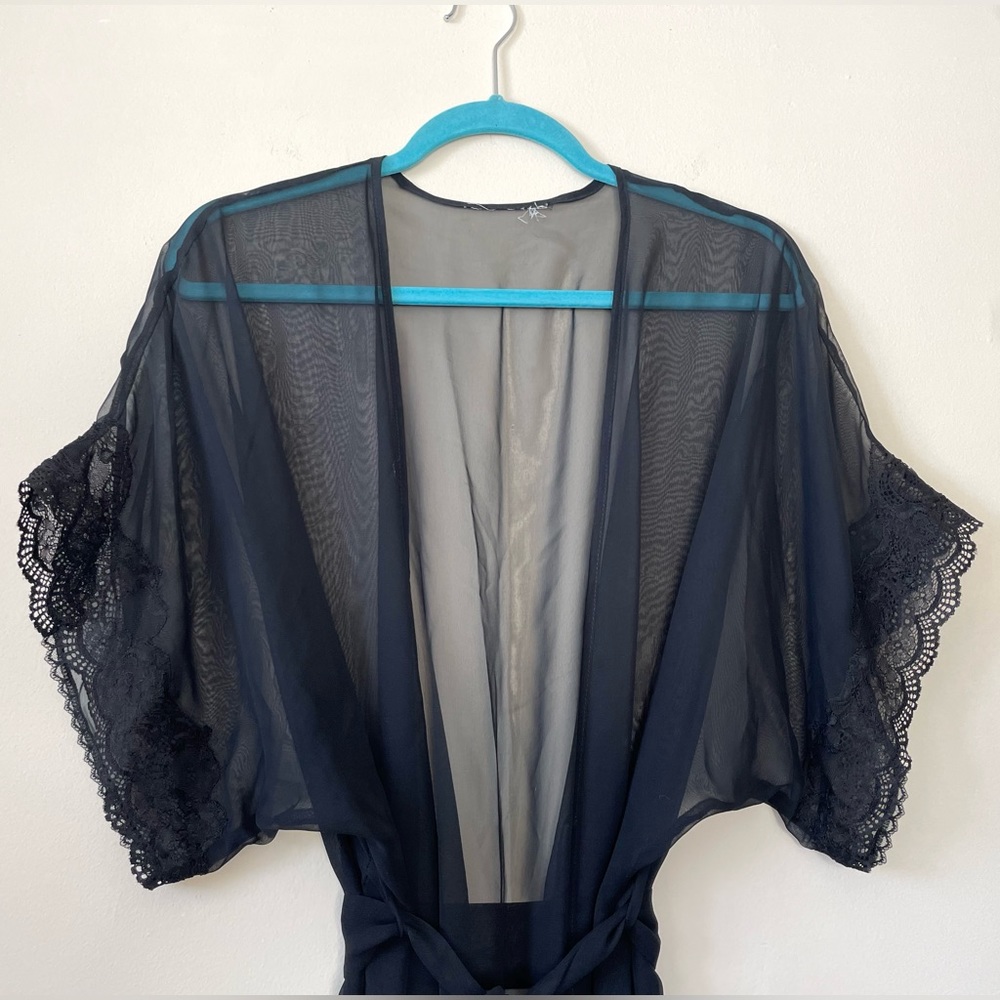 Vintage Black Silk Chiffon & Lace Lingerie Robe Size Small - Picture 2 of 15